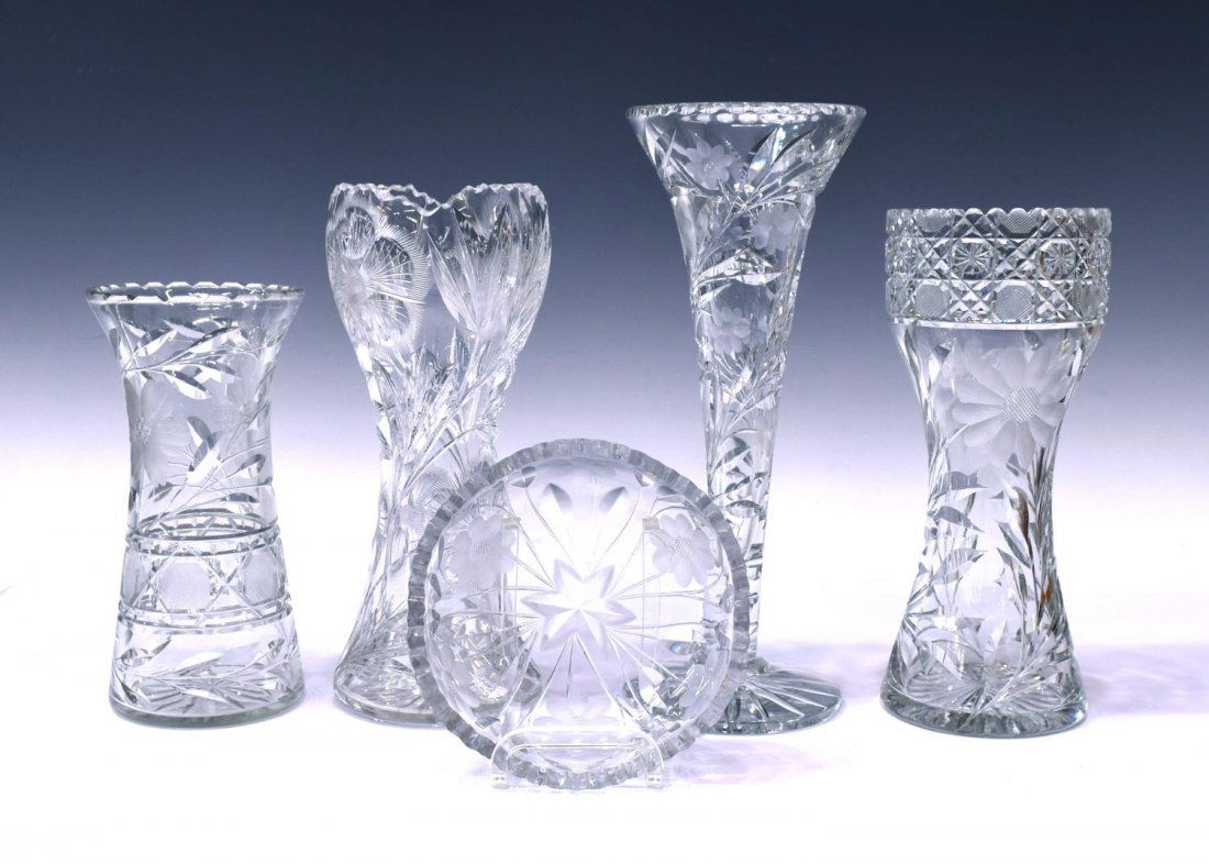 (5) GROUP OF ETCHED CUT GLASS CORSET VASES, DISH (1 of 6)