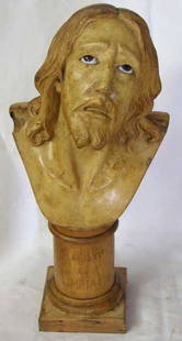 ANTIQUE RELIGIOUS STATUE CHRIST: An antique Spain religious statue, gesso over plaster with glass eyes, depicting Christ and entitled "St. Cristo de Limpias" (Christ of the Cleaning, or suffering"). The figure has glass eyes