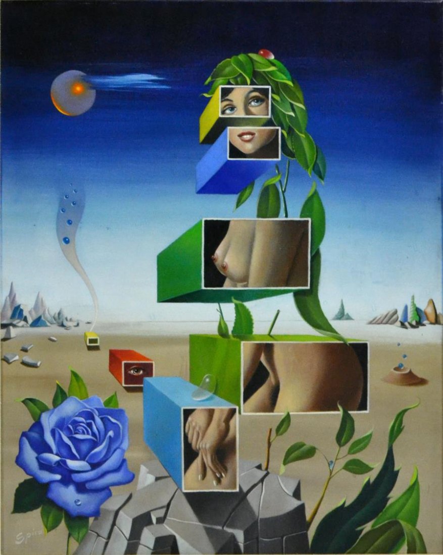 GEORGES SPIRO (FRENCH 1909-1994) SURREALIST O/C: Framed oil on canvas, Surrealist Landscape with Figure, signed lower left Spiro (Georges Spiro, French 1909-1994), sight: 28.5"h, 23.5"w, overall: 39"h, 34"w, 13.5lbs Start Price: $150.00