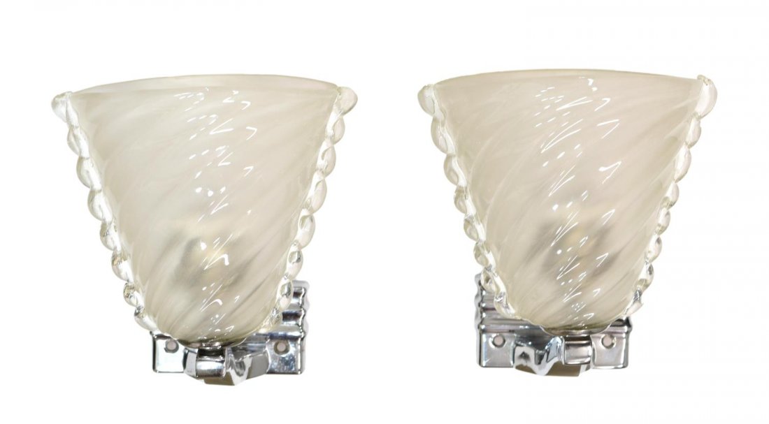(2) ITALIAN BAROVIER & TOSO MURANO GLASS SCONCES: (lot of 2) Italian Murano art glass single light wall sconces, c. 1950, designed by Barovier and Toso, each having chrome metal wall mount holding ribbed and frosted glass shades, in need of wiring, a