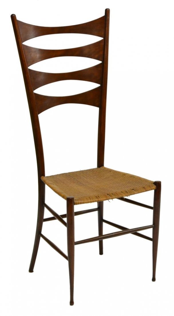 ITALIAN CHIAVARI HIGHBACK WOOD & CANE HALL CHAIR: Italian Chiavari hall chair, c. 1950, slatted wood back, over the tightly woven seat, raised on slim legs, some loss to cane, needs tightening, approx 42.75"h, 17.5"w, 13.75"w Start Price: $100.00