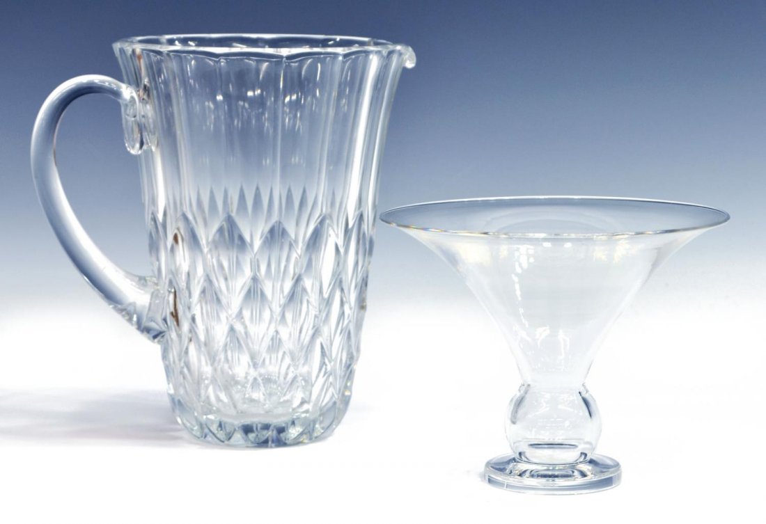 (2) CONTEMPORARY CRYSTAL ITEMS, STEUBEN & VSL: (lot of 2) Contemporary crystal items, comprising: (1) Steuben clear crystal compote, approx. 4.75"h, 6.25" diam.; (1) Val St. Lambert 40 oz pitcher, "Imperial" pattern, 7.75"h; 5lbs Start Price: $50.