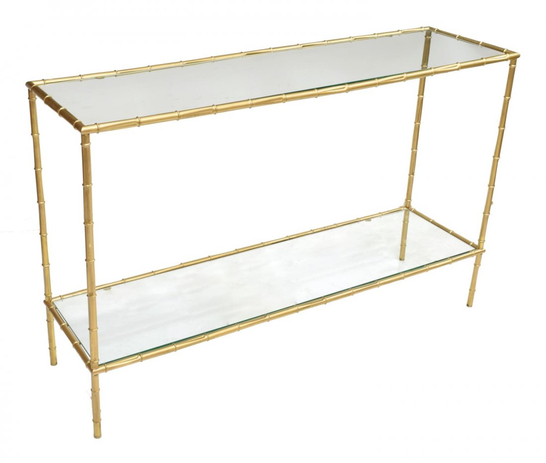 ITALIAN MID-CENTURY BRASS BAMBOO ETAGERE C 1960: Italian mid-century brass and glass bamboo form etagere, c. 1960, the rectangular glass top over a lower shelf, rising on bamboo form supports, 35"h, 55"w, 15.5"d Start Price: $200.00