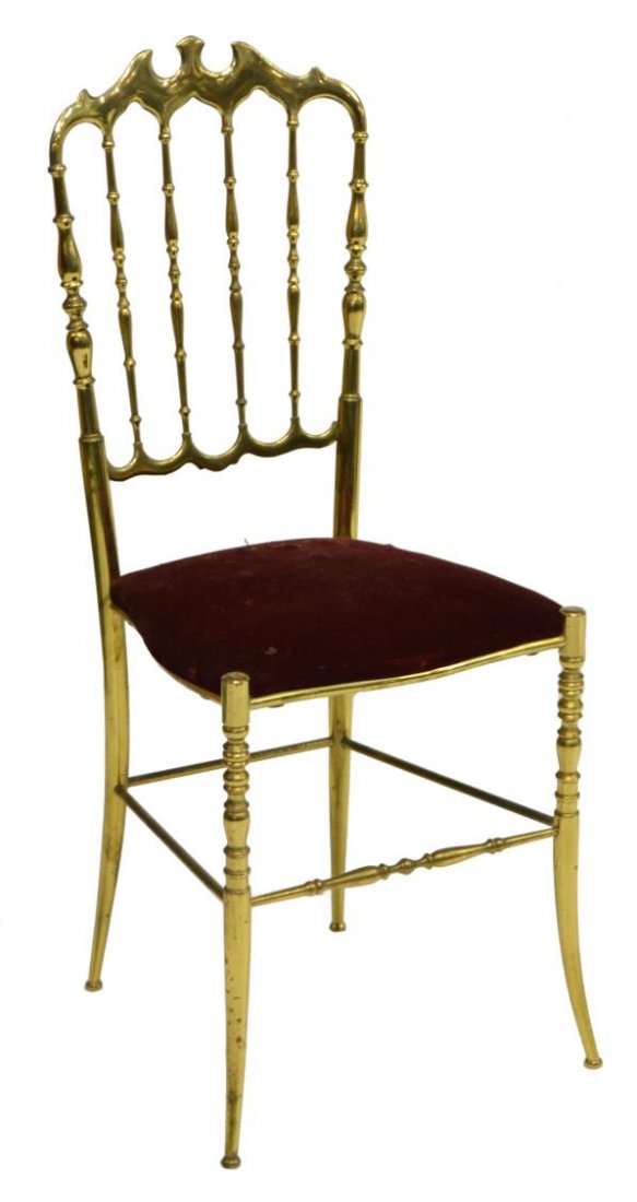 VINTAGE ITALIAN GILT CHIAVARI BRASS BALLROOM CHAIR: Vintage Italian Chiavari style gilt brass side chair, 20th c., seat in need of new pad and upholstery, 37.5"h, 14.5"w, 14.5"d Start Price: $150.00