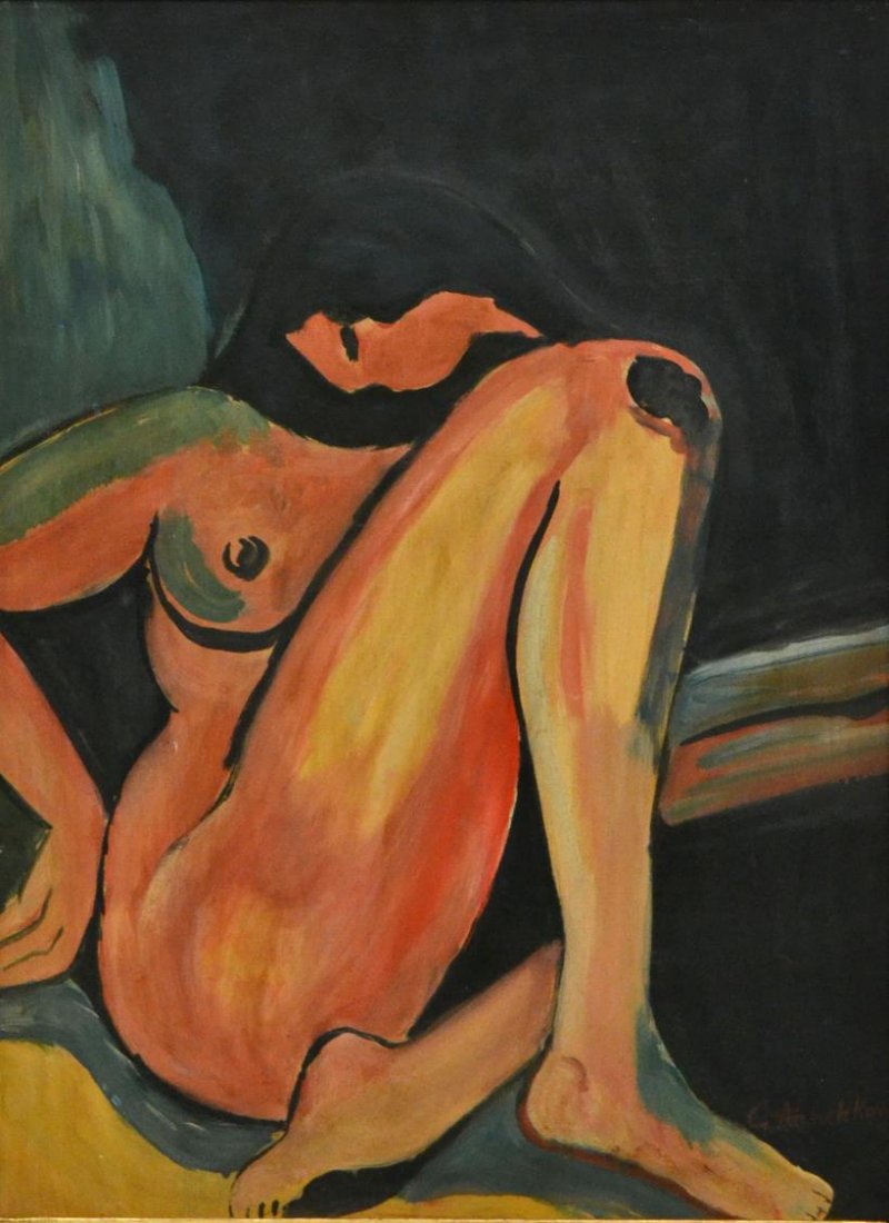 AFTER YURI PAVLOVICH ANNENKOV , CUBIST STYLE NUDE: Framed oil on board, Reclining Nude, signed lower right G. Annenkov (after Yuri Pavlovich Annenkov, Russian Federation/France, 1889-1974) retaining Forster Center label verso, sight: 29.5"h, 21.5"w, o