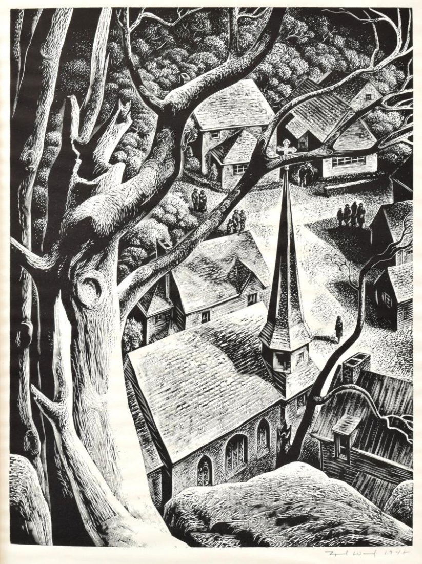 LYND WARD (1905-1985) "UNDERCLIFF" WOOD BLOCK: Unframed wood-engraving, "Undercliff", Lynd Ward (Chicago, Virginia, 1905-1985), presented in a folio by The Woodcut Society, New York, 1948, overall: 16"h, 13.25"w Start Price: $100.00