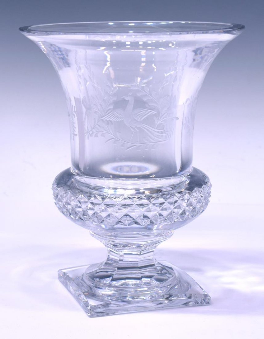 LARGE ETCHED & CUT VAL ST. LAMBERT VASE: Large colorless glass vase by Val St. Lambert, the upper bowl etched with winged birds and foliate, the center with a cut diamond form ring, rising on a faced stem on the square base, signed at the un