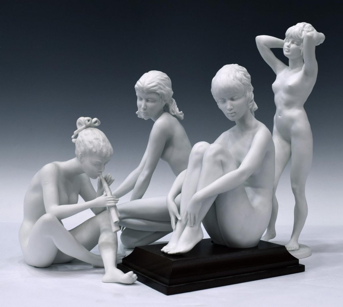 (4) KAISER BISQUE PORCELAIN FEMALE NUDE FIGURES: (lot of 4) Kaiser bisque porcelain figures, each the image of a female nude, various poses, (3) signed or initialed by W. Gawanthka, the other (1) retaining sticker, largest: 13"h, 6.5lbs total Start 