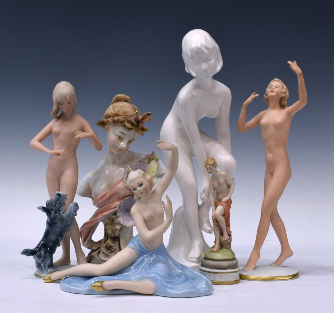 (6) GERMAN & CONTINENTAL PORCELAIN FIGURES, NUDES: (lot of 6) German and other porcelain figures, (3) Bavarian nudes in the Deco taste, one with loss of finger, (1) white standing Goebel nude, (1) Victorian style bust of a beauty, roughness at shoulde