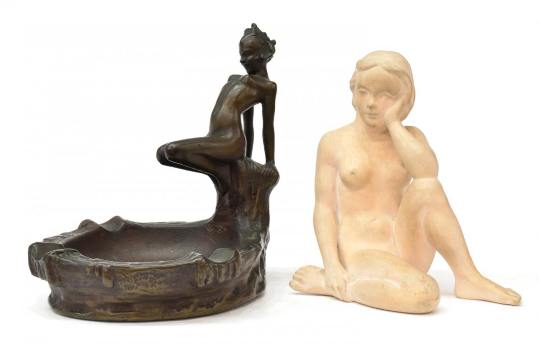 (2) ART DECO E. SALBO CERAMIC NUDE & ASHTRAY: (lot of 2) Art Deco figural pieces: (1) ceramic seated nude, E. Salbo (Denmark), dated 1945, some dirt and scuffs, 7.5"h; (1) Armor Bronze Company ashtray, female nude, composition material in a bronz
