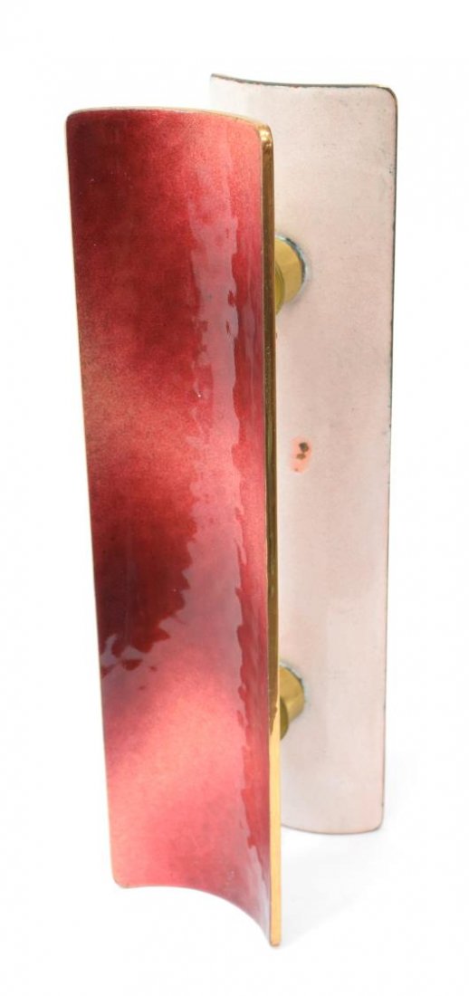 GIO PONTI MID-CENTURY ENAMELED COPPER DOOR HANDLES: (pair) Italian mid-century cranberry enameled copper architectural handles, c. 1950, design by Gio Ponti (Italian, 1891-1979) and Paolo de Poli (Italian, 1905-1996), shown joined together the rectangu