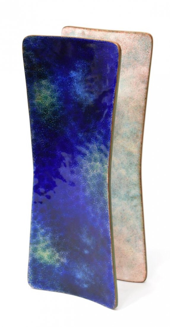 GIO PONTI MID-CENTURY ENAMELED COPPER DOOR HANDLES: (pair) Italian mid-century modern cobalt enameled copper architectural handles, c. 1960, design by Gio Ponti (Italian, 1891-1979) and Paolo de Poli (Italian, 1905-1996), shown joined together the rect