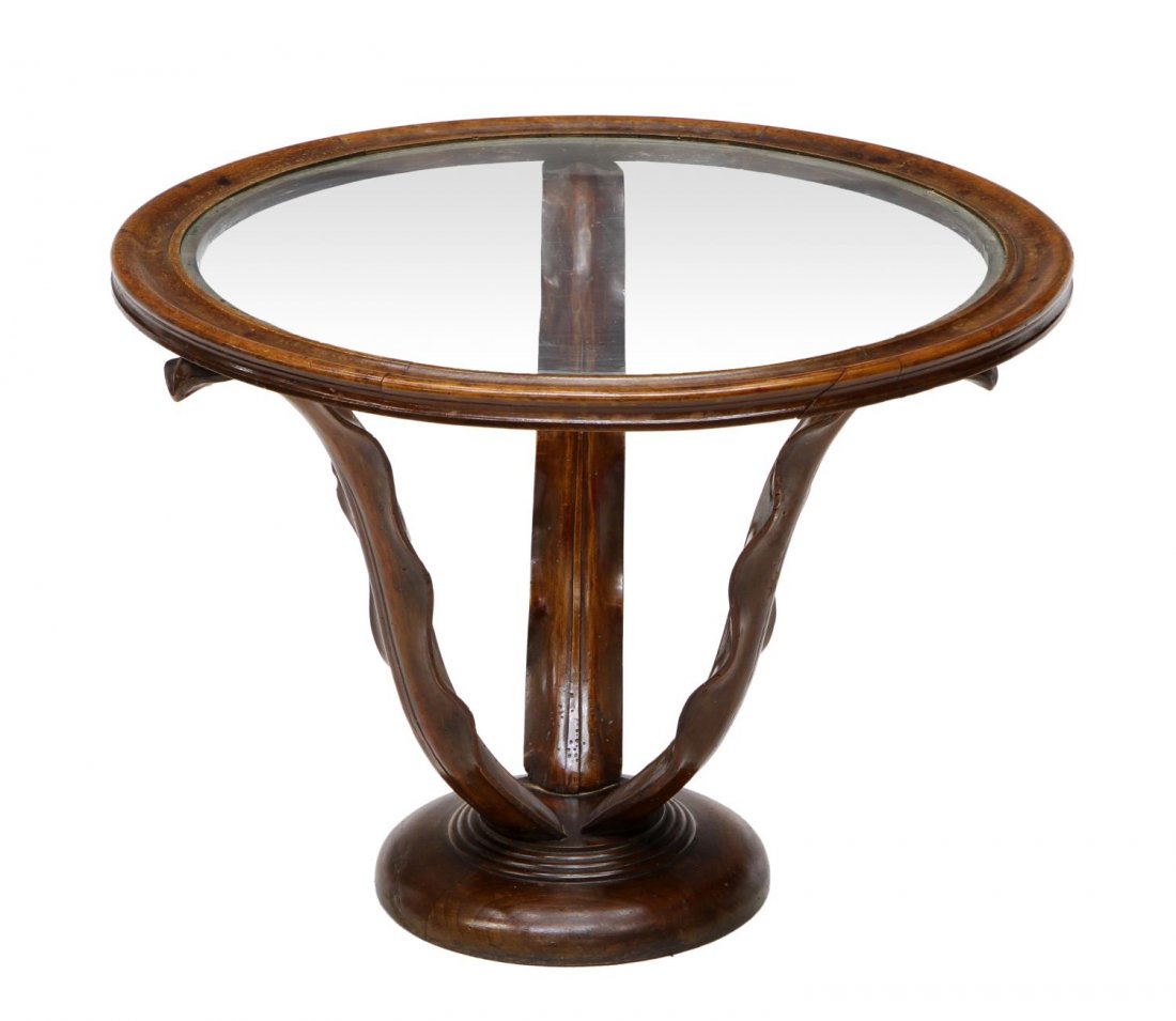 ITALIAN ART DECO COFFEE TABLE: Italian Art Deco coffee table, 1930's, having a circular top with inset glass, rising on three inward angled shaped supports with a circular base, 18.5"h, 25.5"diameter Start Price: $80.00