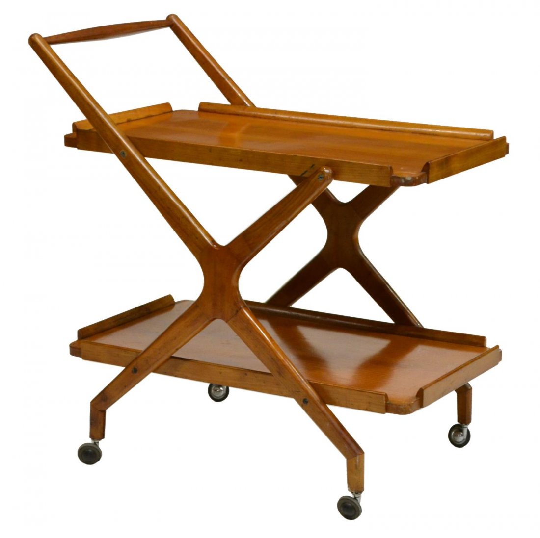 ITALIAN MID-CENTURY MODERN ROLLING SERIVCE CART: Italian mid-century modern service cart, c. 1960's, two tiers rolling on casters, some loss to finish, 30.75", 28"l, 18"w Start Price: $100.00