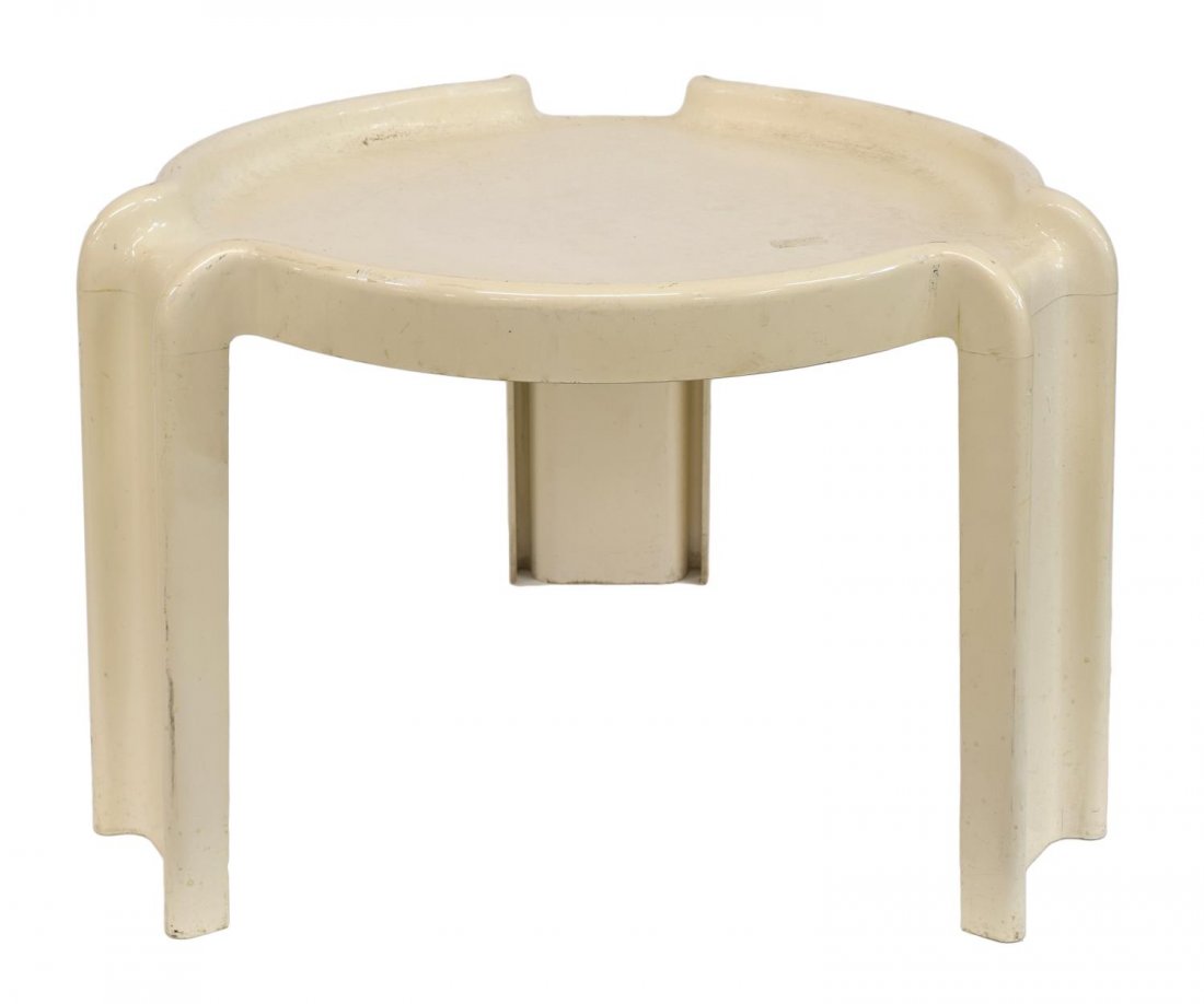 ITALIAN GIOTTO STOPPINO KARTELL SIDE TABLE, C.1970: Italian modern Kartell side table, c.1970, design by Giotto Stoppino (1926 - 2011), round cream tone plastic table top rising on three legs, scratching to surface, some spotting, approx 12.5"h, 18"dia