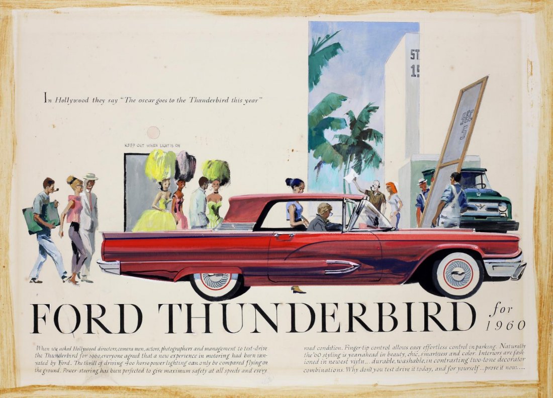 EDWARD KLAUCK, ORIGINAL 1960 T-BIRD ADVERTISING: Original advertising comprehensive layout by Edward Klauck (Edward Arthur Klauck, Chicago, New York, 1900-1980) for the J. Walter Thompson Advertising Agency client, the Ford Motor Company depicting t