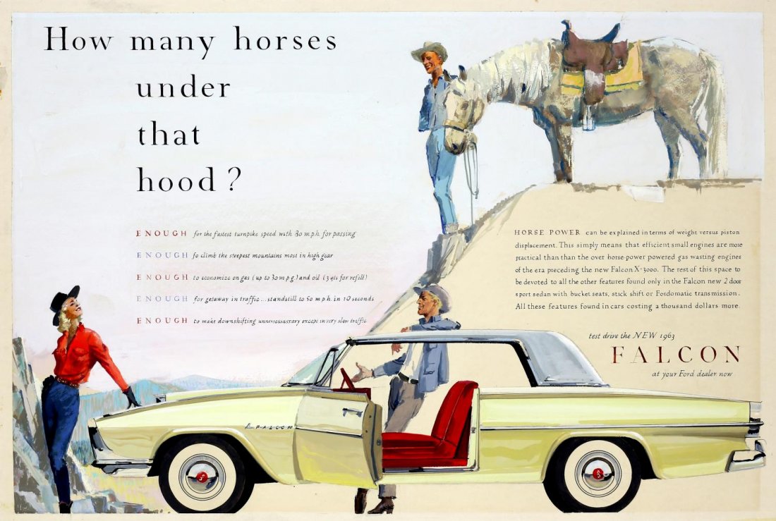 EDWARD KLAUCK ORIGINAL1963 FORD FALCON ADVERTISING: Original advertising comprehensive layout by Edward Klauck (Edward Arthur Klauck, Chicago, New York, 1900-1980) for the J. Walter Thompson Advertising Agency client, the Ford Motor Company depicting t