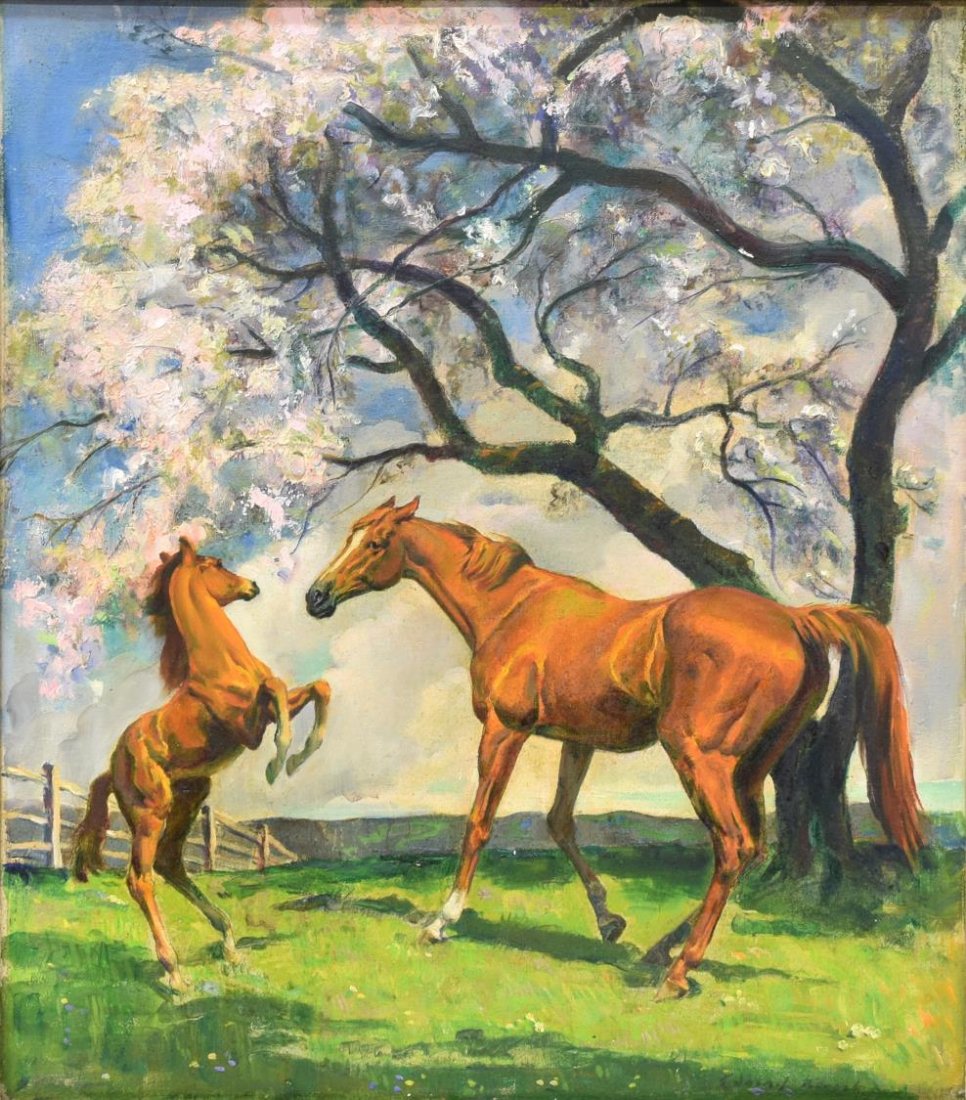 EDWARD A. KLAUCK, OIL PAINTING MARE & COLT: Framed oil painting on board, Mare & Colt Under Flowering Tree, originally used in advertising by the Socony Mobil Oil Company, signed lower right Edward Klauck, '48 (Edward Arthur Klauck, Chicago, Ne