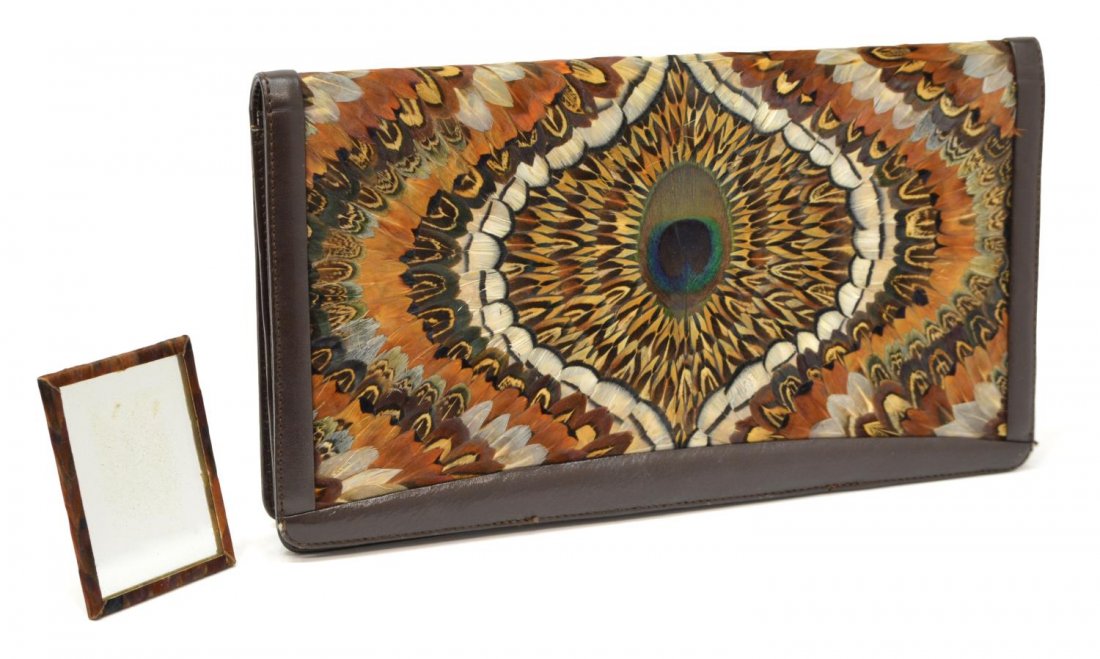 VINTAGE PHEASANT FEATHER AND LEATHER CLUTCH: Vintage pheasant feather and leather clutch, by Handiwork Pheasant Feather Necktie, mid-century, includes pheasant feather hand mirror, 7"h, 12"w, 1lbs Start Price: $40.00