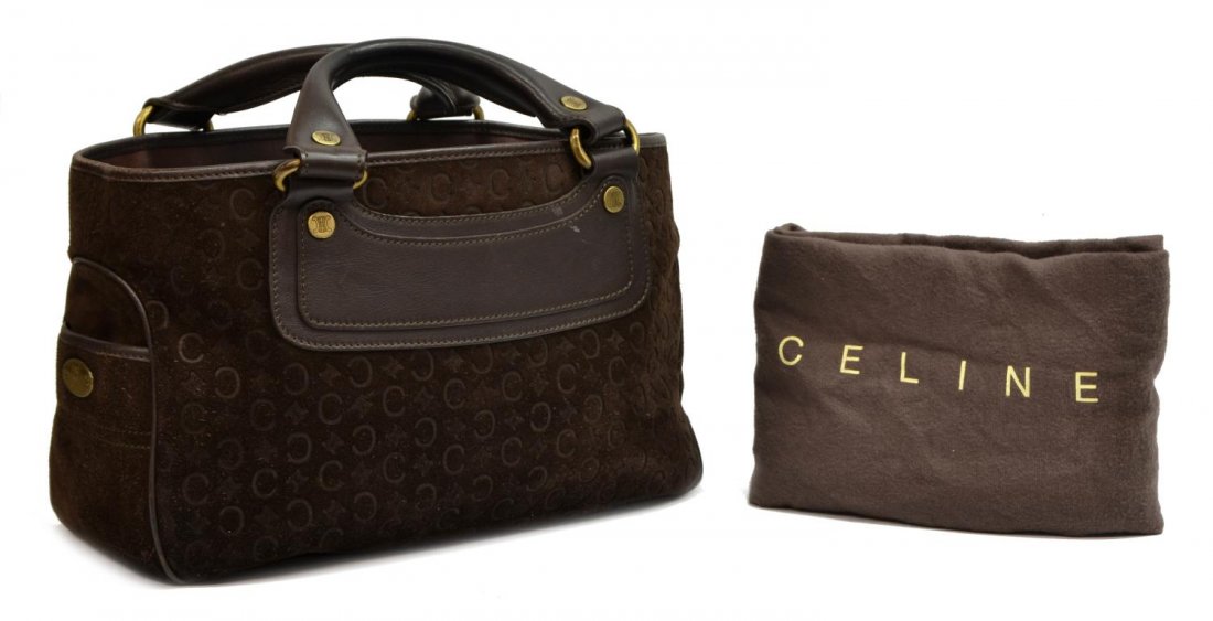 CELINE SUEDE & LEATHER MONOGRAM HANDBAG: Celine handbag in monogram suede, having leather handles, trim, and piping, the open top with two open compartments and one zip top compartment, exterior side pockets, accompanied by dust bag, bag: ap