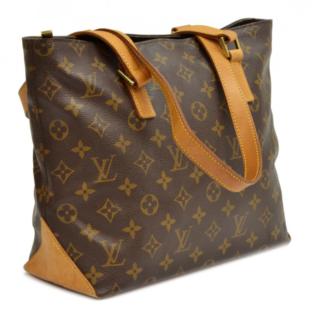 LOUIS VUITTON 'CABAS PIANO' MONOGRAM SHOULDER BAG: Louis Vuitton monogram canvas "Cabas Piano" shoulder bag, leather handles and trim, zip top brown canvas interior with slotted and cell pockets, patination, spotting to leather, bag: approx. 9.25"h, 1