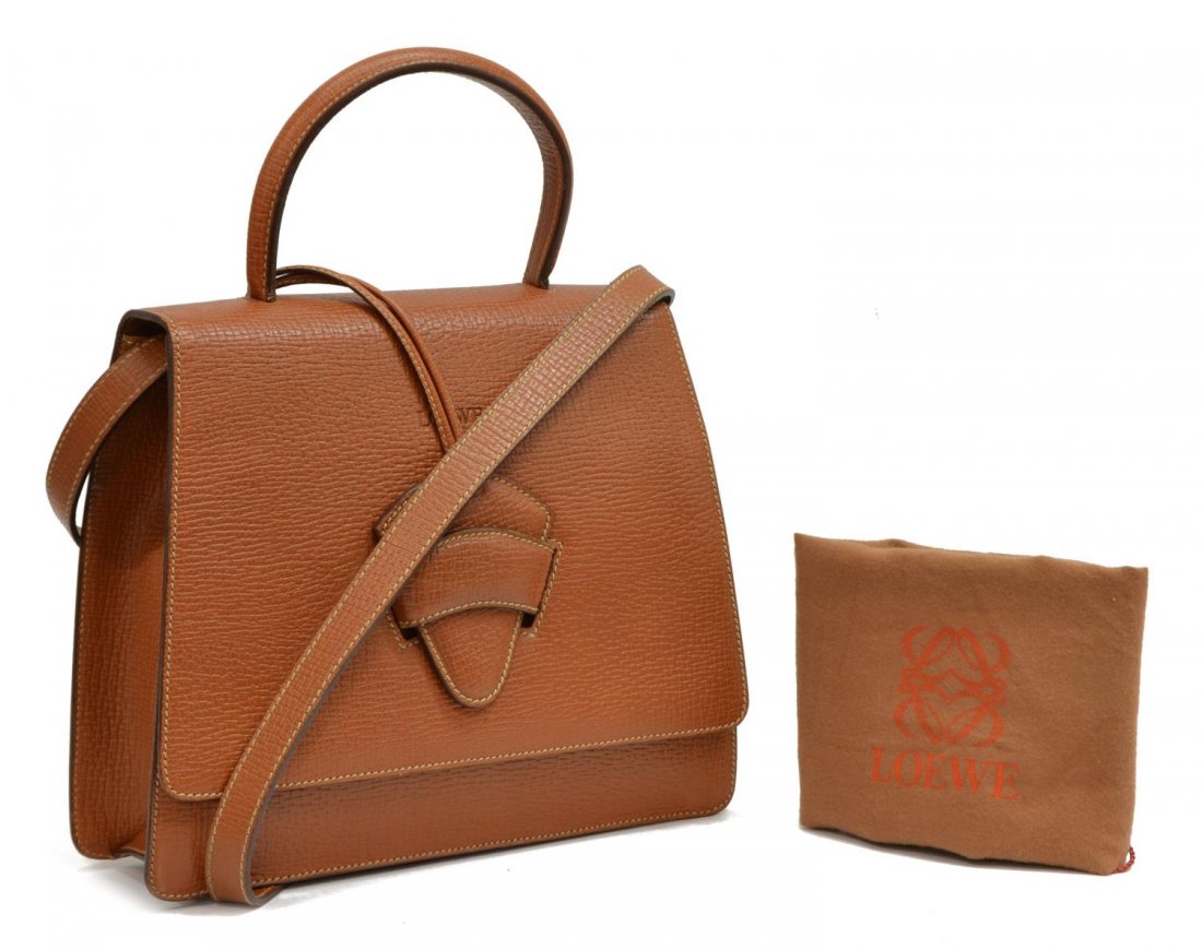 LOEWE GRAINED BROWN LEATHER SHOULDER BAG: Loewe shoulder bag in brown grained leather, gold tone hardware, adjustable shoulder strap, flap top secured by leather closure, top opens to tan suede interior featuring slip and zip pocket, dust bag
