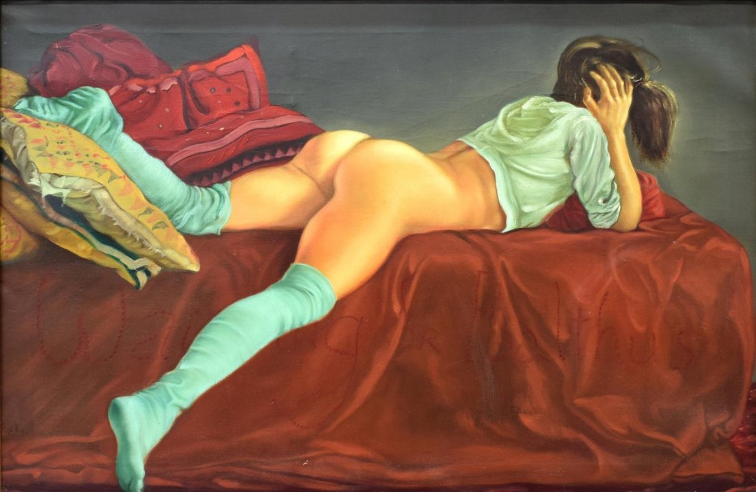 ANTHONY CHRISTIAN (BRITISH B. 1945) RECLINING NUDE: Framed oil on canvas, "Waiting for Balthus", 1991, initialed and dated lower left, ABC (Anthony Christian, British B. 1945), sight: 19.5"h, 29.5"w, overall: 26.75"h, 36.75"w, Start Price: $200.00