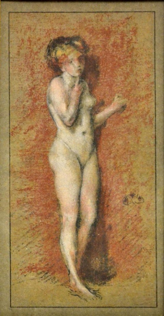 AFTER JAMES A.M. WHISTLER STANDING NUDE LITHOGRAPH: Framed color lithograph on paper, Standing Nude Woman, marked lower right center with butterfly mark in plate (James Abbott McNeill Whistler, English 1834-1903), marked lower right in plate "T. Wa[...