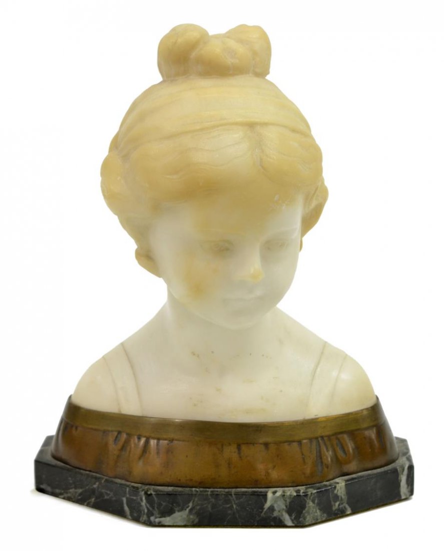 OTTO POERTZEL, BRONZE & ALABASTER SCULPTURE: Alabaster and Bronze sculpture on marble base, Sculpture of a Young Girl, signed at back Prof. Poertzel (Hermann Hugo Otto Poertzel, Germany, 1876-1963), monogrammed foundry mark, sculpture 6.75"h, ov