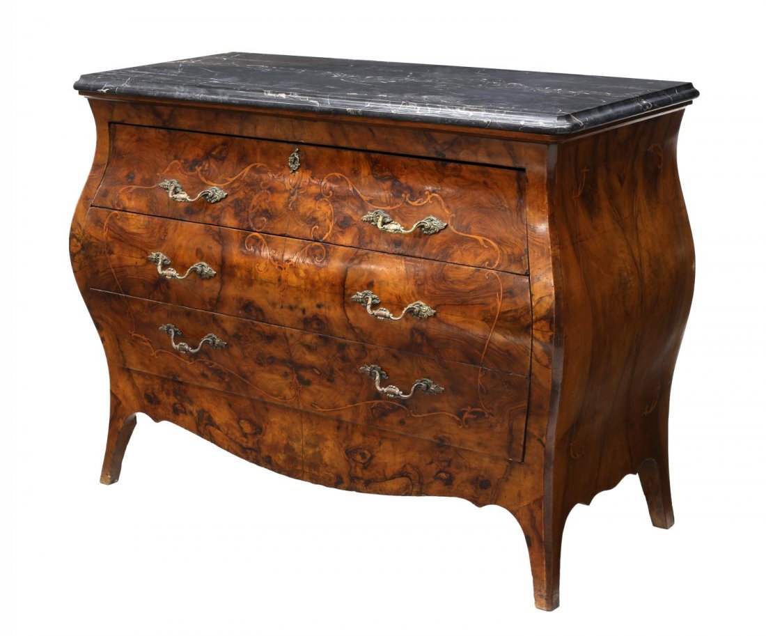 ITALIAN MARQUETRY BOMBE COMMODE: Italian marquetry bombe commode, early 20th c., having a verigated black marble top over two drawers, rising on angular supports, 38"h, 51"w, 22"d Start Price: $300.00