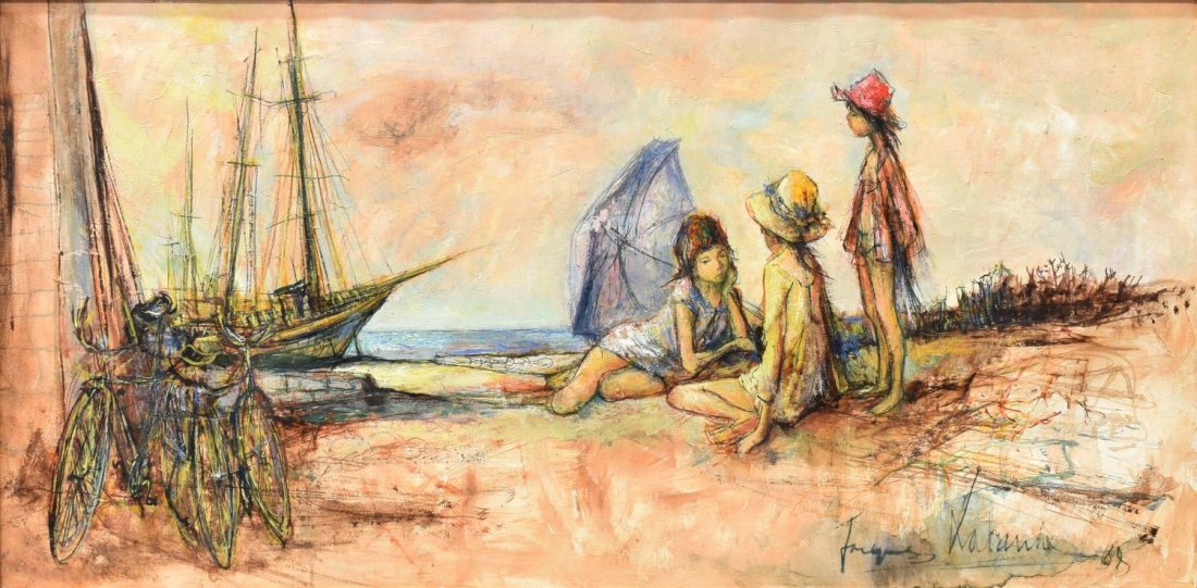 JACQUES LALANDE (FRENCH B. 1921) BEACH SCENE: Framed oil on linen canvas, Young Girls on the Beach, signed lower right Jacques Lalande (French b. 1921), bears "artist reproduction rights" stamp verso, sight: 15"h, 30.5"w, overall: 25"h, 40"w, 9.2