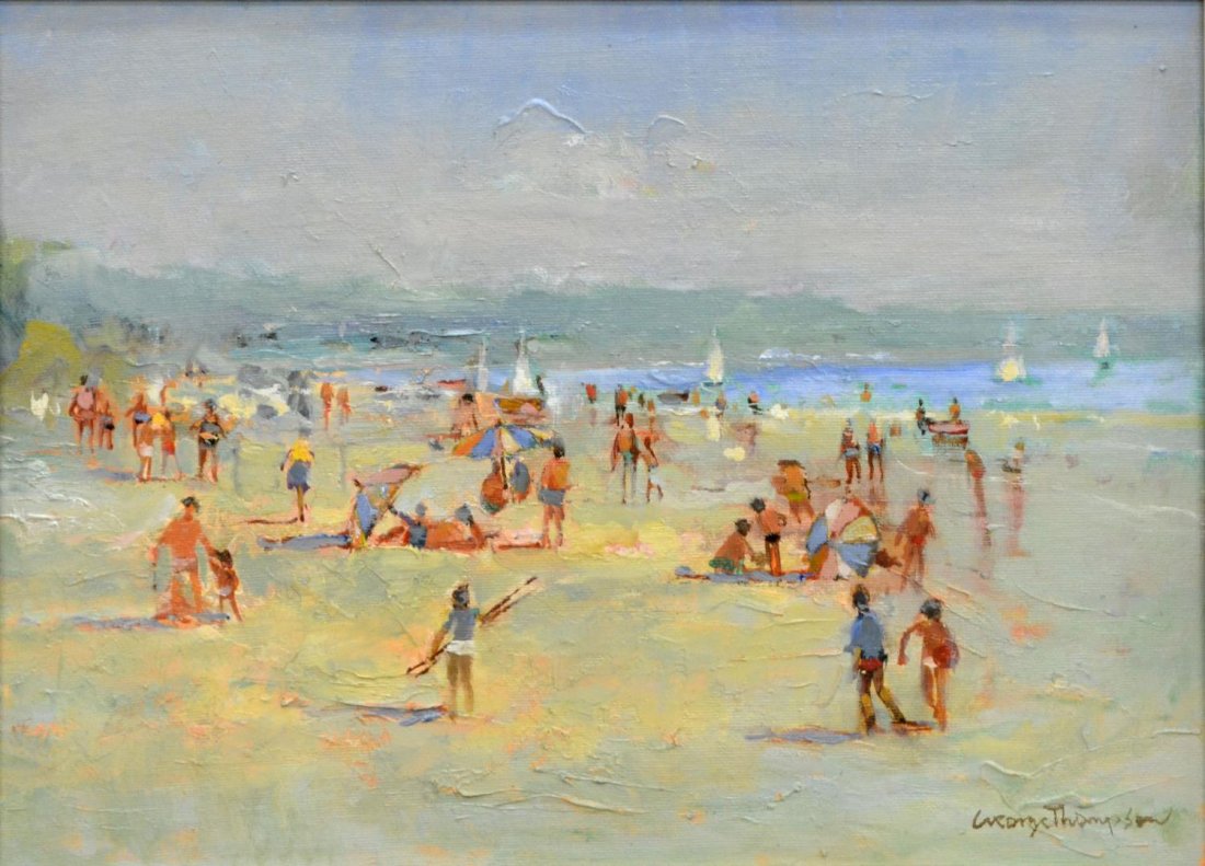 GEORGE THOMPSON (ENGLISH B. 1934) BEACH SCENE: Framed oil on canvas board, "Beach Scene", 1982, signed lower right George Thompson (A.T.D, N.D.D., Chester, England, b. 1934), titled and dated verso, retaining artist bio, sight: 11.5"h, 15.5"w, ove