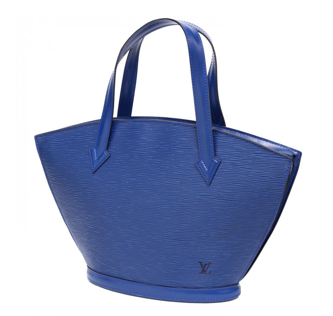 LOUIS VUITTON 'SAINT JACQUES PM' EPI LEATHER BAG: Louis Vuitton "Saint Jacques PM" short strap shoulder bag in Toledo Blue Epi leather, zipper closure opening to grey interior featuring single slit pocket, minor exterior stains, approx 9.5"h, 15"w, 4