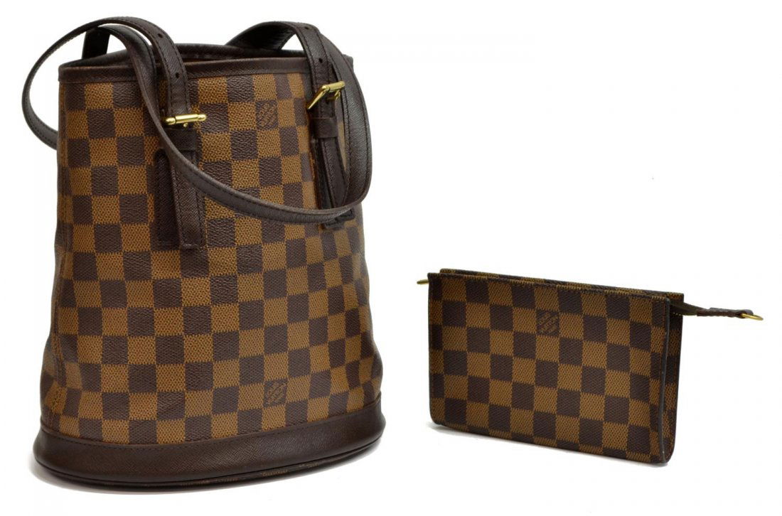 LOUIS VUITTON 'MARAIS' DAMIER EBENE SHOULDER BAG: Louis Vuitton "Marais" Damier Ebene canvas, adjustable brown shoulder straps, gold tone hardware, open top above interior with two zipper pockets, key ring with chain and zipper top pouch, on metal fe