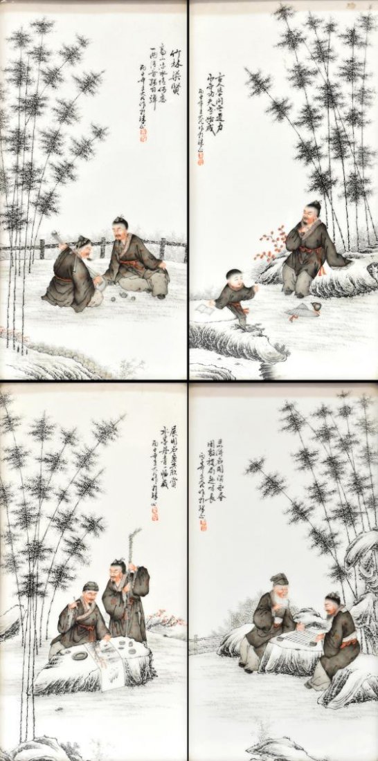 (4) WANG DAFAN, CHINESE PORCELAIN SAGES PLAQUES: (lot of 4) Framed Chinese porcelain plaques, Wang Dafan (1888-1961), depicting scenes with the Seven Sages (or Worthies) of the Bamboo Grove, three plaques depicting two Sages each, one with one Sage 