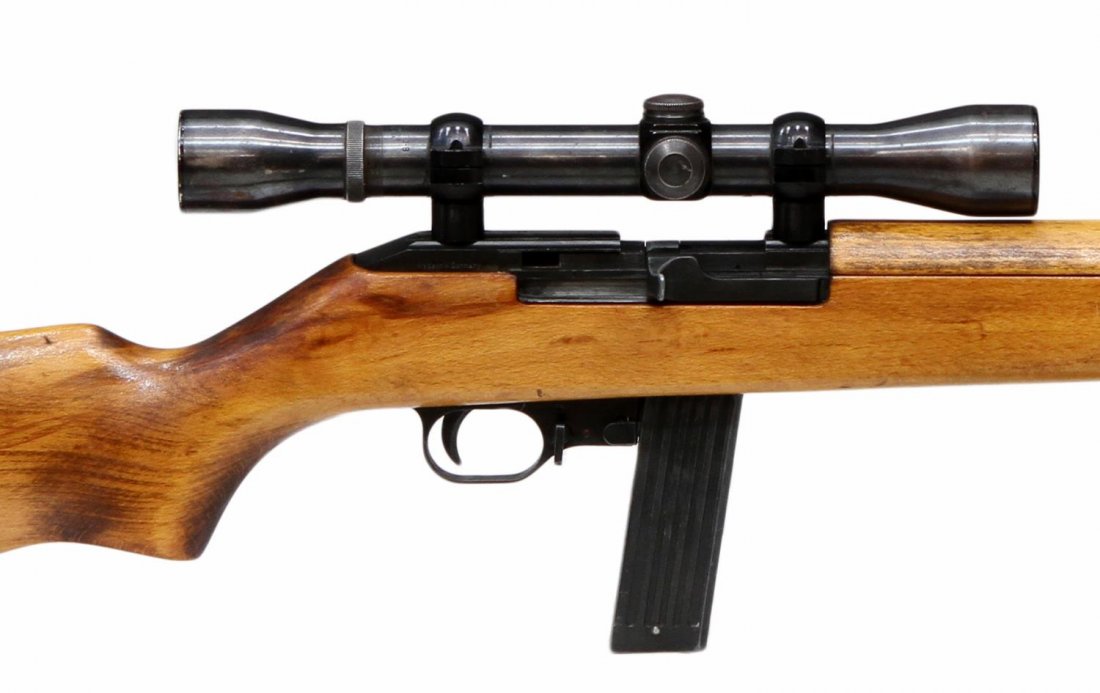 IVER-JOHNSON U.S. CARBINE, .22LR: Iver-Johnson U.S. Carbine rifle, semi-automatic, .22LR caliber, 15 round detachable magazine, 18" barrel, wood stock, leather sling, mounted Weaver K4 60-B scope,SN 023XXX ****TRANSFER BY FFL LICENSEE