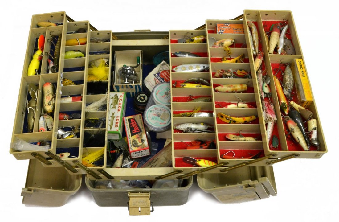 VINTAGE FISHING TACKLE, LURES, BOX, 50 LURES: Vintage fishing tackle box with more than 50 vintage fishing lures, six lures with original boxes, 1950's Pfluger fishing reel with box, 1950 Outboard Boating Magazine, Fenwick spools, box: 11.25"h, 1