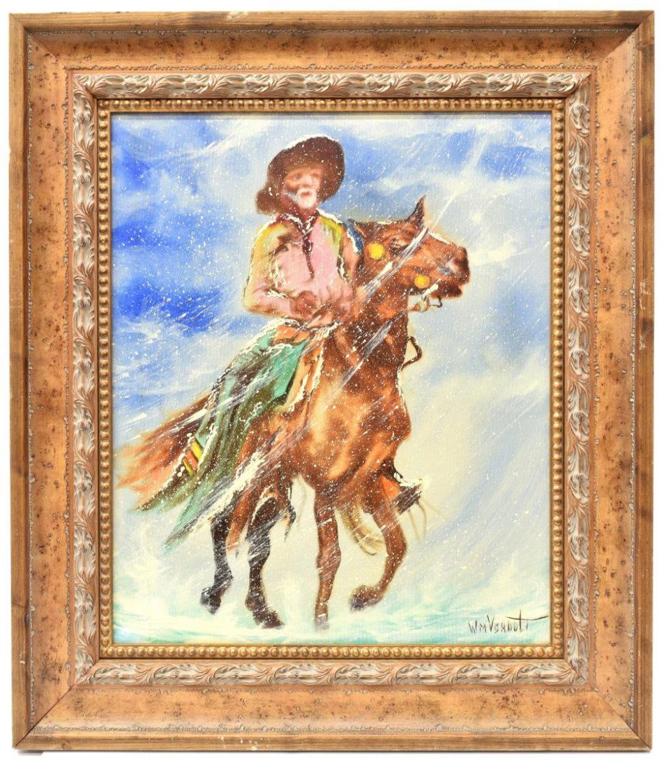 WILLIAM JOSEPH VERDULT (CA/NY B 1939) COWBOY: Framed oil on canvas, Cowboy in Winter Storm, signed lower right Wm. Verdult (William Verdult, California/New York, B. 1939), sight: 23.5"h, 19.5"h, overall: 32.5"h, 23"w, 10.5 lbs. Start Price: $175.
