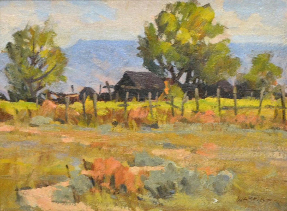 BILL WARDEN (TEXAS 1927-1991) TEXAS RANCH: Framed oil on masonite, Texas Ranch in Summer, signed lower right Warden (Bill Warden, Texas 1927-1991), sight: 8.75"h, 11.75"w, overall: 16.75"h, 19.75"w, 4lbs Start Price: $200.00