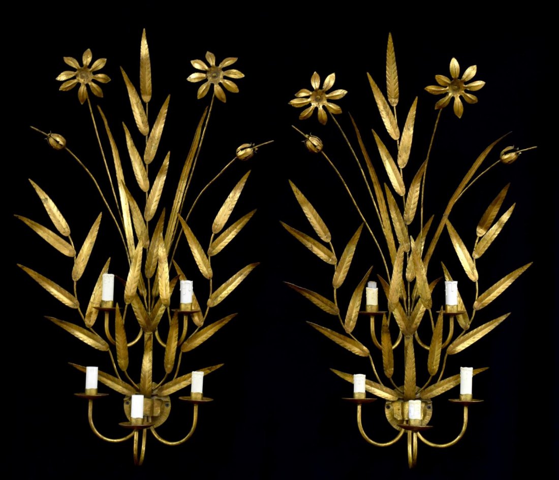 (PAIR) MAISON BAGUES 'WHEAT' GILT METAL SCONCES: (pair) French gilt metal "Wheat" five-light sconces, design by Maison Bagues, c. 1950, each having central standards issuing five scrolling arms terminating in faux candle light sockets, accented by w