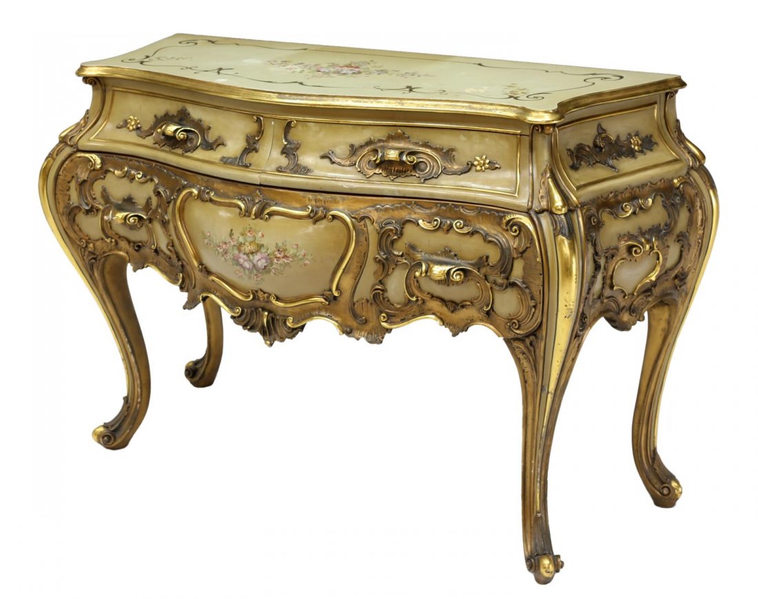 ITALIAN LOUIS XV STYLE PAINTED BOMBE COMMODE: Italian Louis XV style parcel gilt floral decorated painted bombe commode 20th c., having a shaped top over two short drawers above on long drawer, rising on scroll foot cabriole legs, paint loss at t