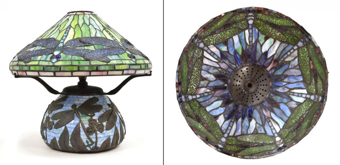 (2) TIFFANY STYLE STAINED GLASS DRAGONFLY LAMP: (lot of 2) (1) Tiffany style stained and leaded glass "Dragonfly" three-light table lamp, the shaped shade accented with dragonflies, above the ovoid body decorated with patinated bronze dragonflies a