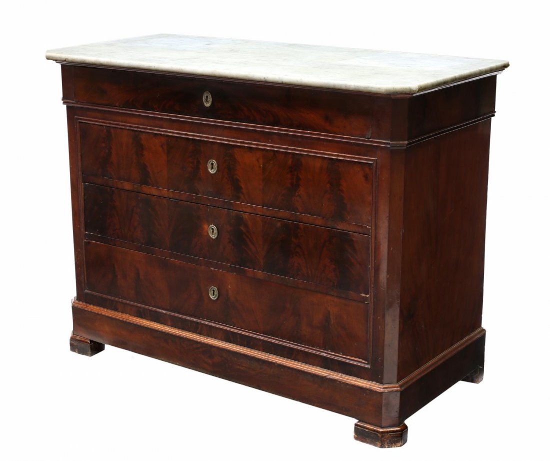 FRENCH CHARLES X MARBLE TOP COMMODE: French Charles X commode, 19th c., having a marble top over four drawers, rising on bracket feet, 38.5"h, 50.5"w, 23.5"d Start Price: $400.00