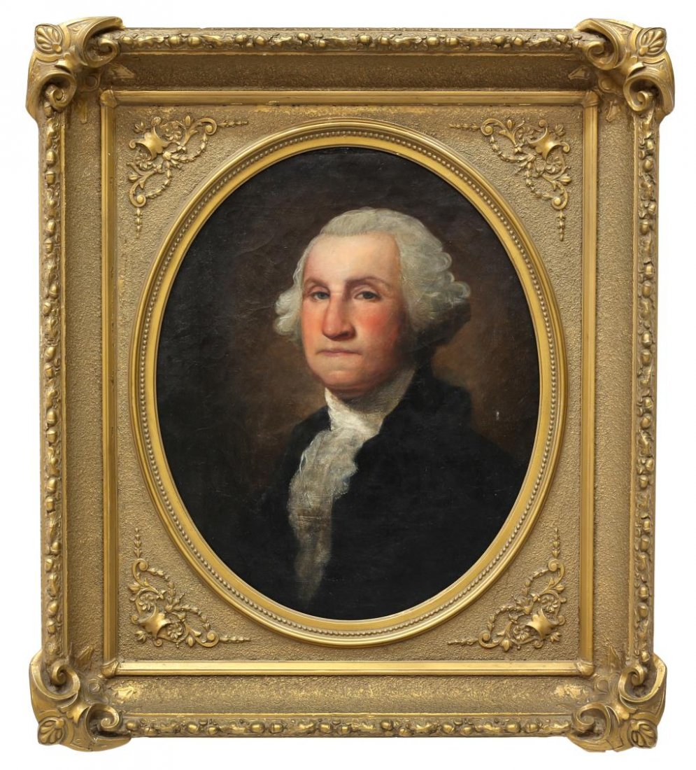 SAMUEL W. PRICE (KY/MO 1828-1918) G. WASHINGTON: Gilt framed oil on canvas, Portrait of George Washington, inscribed on stretcher verso S.W. Price, Lexington KY (Samuel Woodson Price, Kentucky /Missouri,1828-1918), sight: 26.25"h, 21.25"w, overall: 