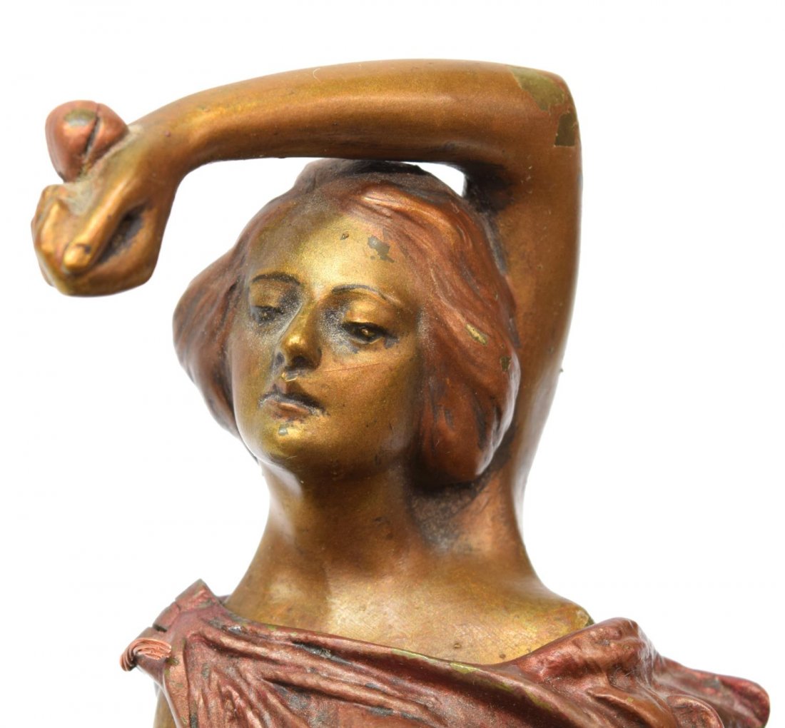 BRONZE DANCER, REMOVABLE DRESS AFTER FRANZ BERGMAN: Bronze Female Castanet Player with Removable Dress, mounted in a marble tray, after Franz Xaver Bergman (Austria, 1861-1936), bronze figure: 12"h, overall: approx 13"h, 10.5"diameter, 13.5 lbs. Start 