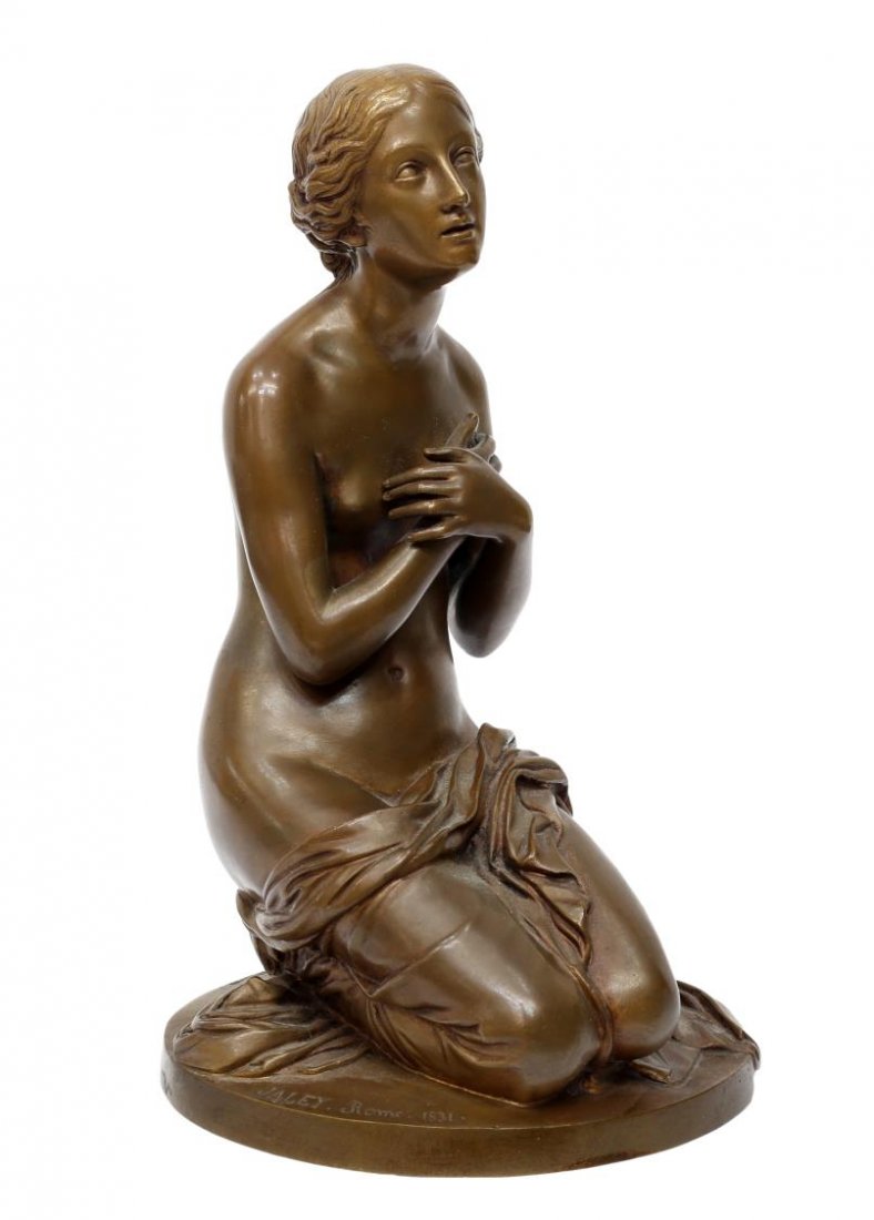 AFTER JEAN JALEY (1802-1866) BRONZE NUDE VENUS: Bronze sculpture, Venus, signed on base Jaley, Rome, 1831 (Jean-Louis Nicolas Jaley, France, 1802-1866), seal of F. Barbedienne Foundry, marked at underside in bronze "30", "Y", 10.75"h, 6.5"w, 6.25"d