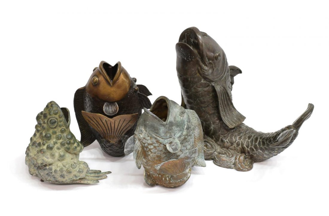 (4) BRONZE GARDEN SCULPTURES, FISH & FROG: (lot of 4) Bronze garden sculptures: (3) fish; (1) frog, all plumbed as fountains, largest, a fish: 10"h, 11.5"w, 7.25"d, total: 17lbs Start Price: $100.00