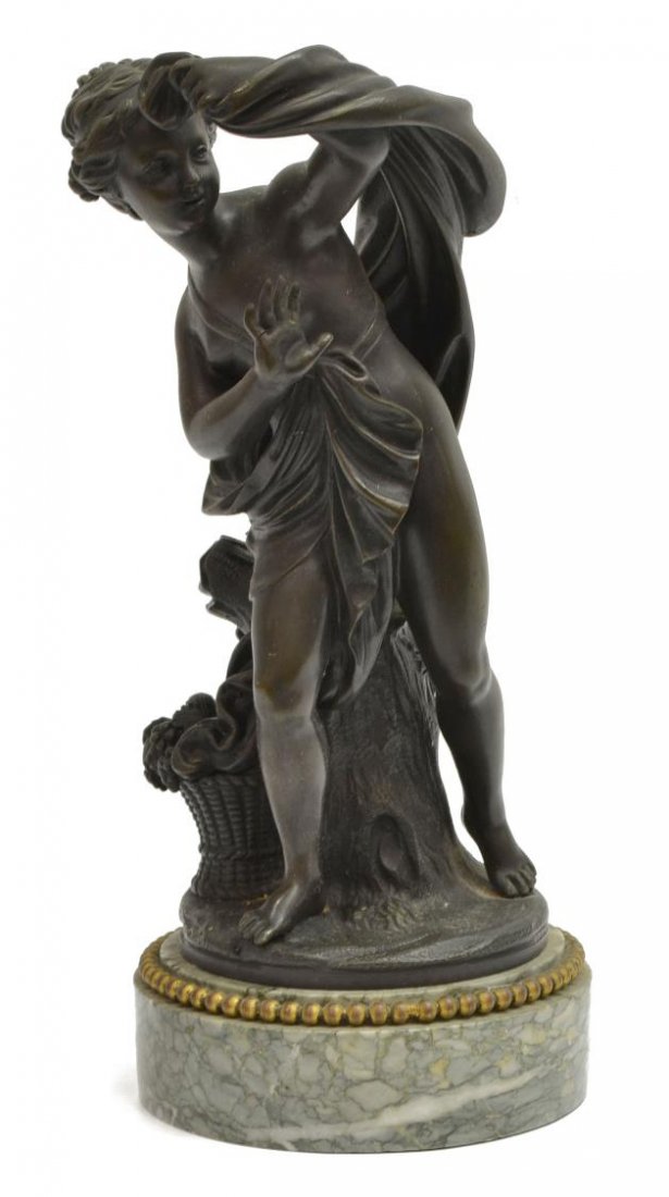 BRONZE SCULPTURE ON MARBLE, WOMAN WITH CLOAK: Bronze sculpture on marble, "Woman with Cloak and Basket of Grapes, unsigned, bronze: 10.75"h, overall: 12.5"h, 5.5"w, 5.5"d, 5.25 lbs Start Price: $80.00