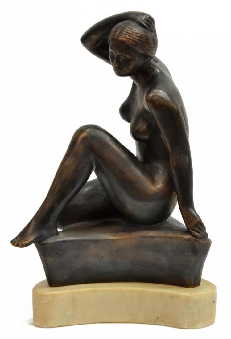 AFTER ARISTIDE MAILLOL (1861-1944) NUDE BRONZE: Bronze sculpture on marble base, Seated Nude Female, after and signed at the back Maillol, (Aristide Joseph Bonaventure Maillol, French, 1861-1944), dated 1912, number 7 of 7, overall: 9"h, 5.75"w, 4"