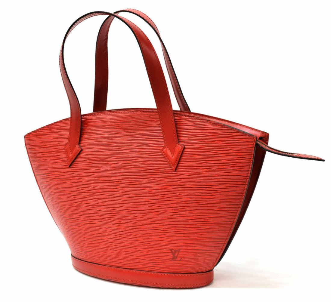 LOUIS VUITTON 'ST JACQUES' EPI LEATHER SHOULDERBAG: Louis Vuitton "Saint Jacques" short strap shoulder bag in red Epi leather, zipper closure opening to grey interior featuring single zip pocket, bag: approx 9.5"h, 15"l, 4"w, 1.25lbs Start Price: $375.